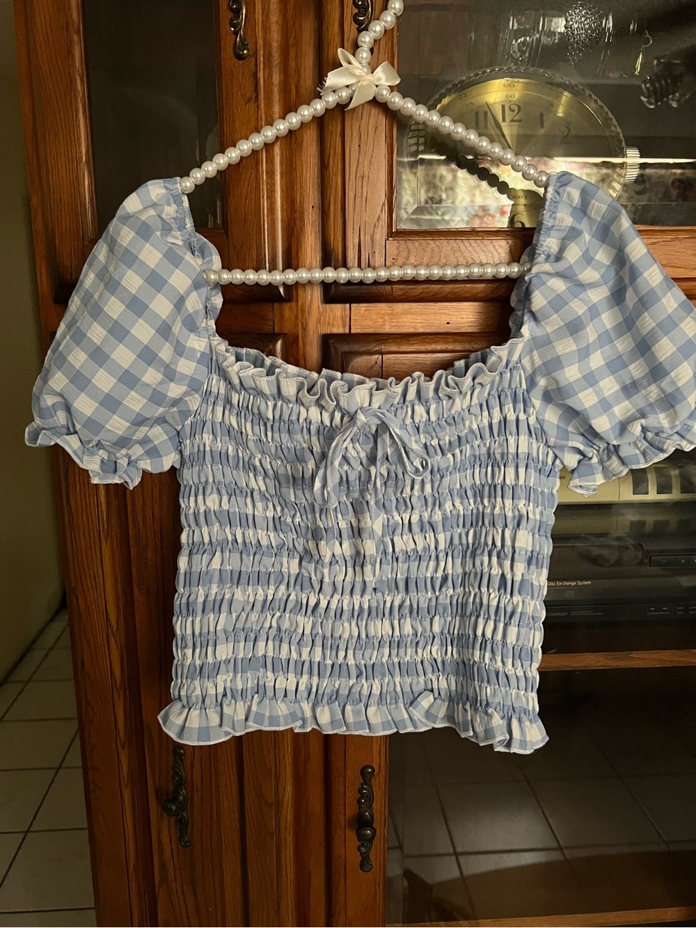 Smocked Gingham Puff Sleeve Blouse - Light Blue/White